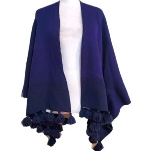 LOFT rayon blend navy blue open front tassel knit sweater poncho wrap shawl OS